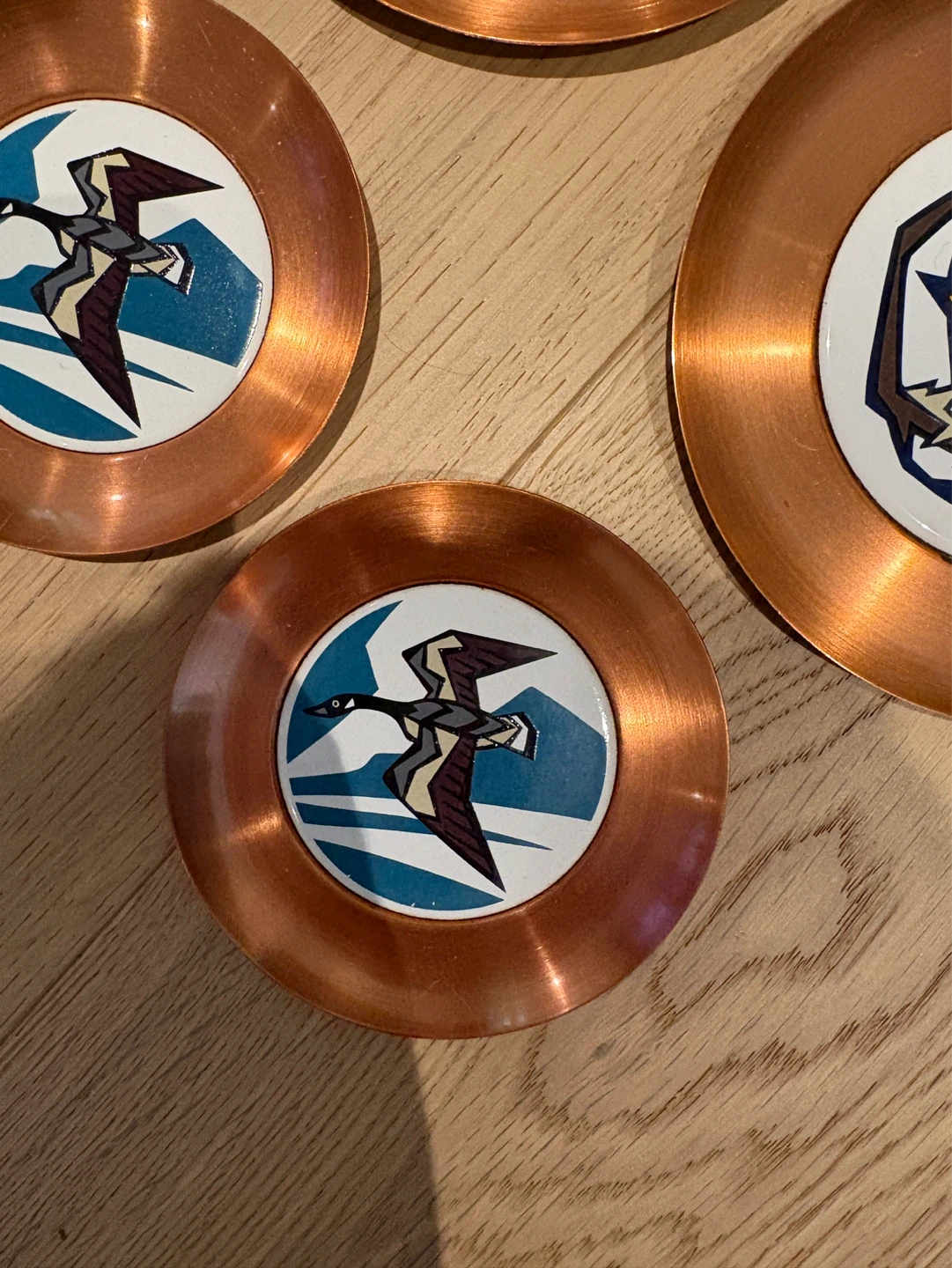 Set of 6 Vintage Copper Coasters with Bird Designs - photo 2