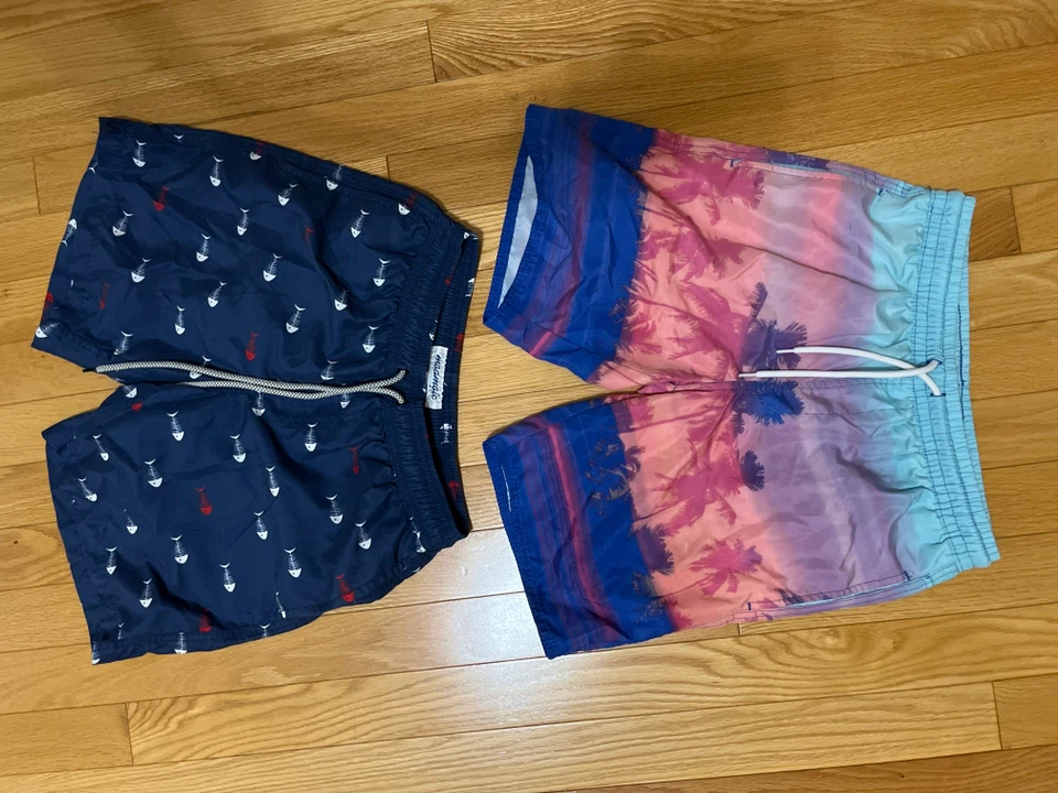 Men's Swim Trunks - Blue Fish & Sunset Palm Tree Prints - photo 3