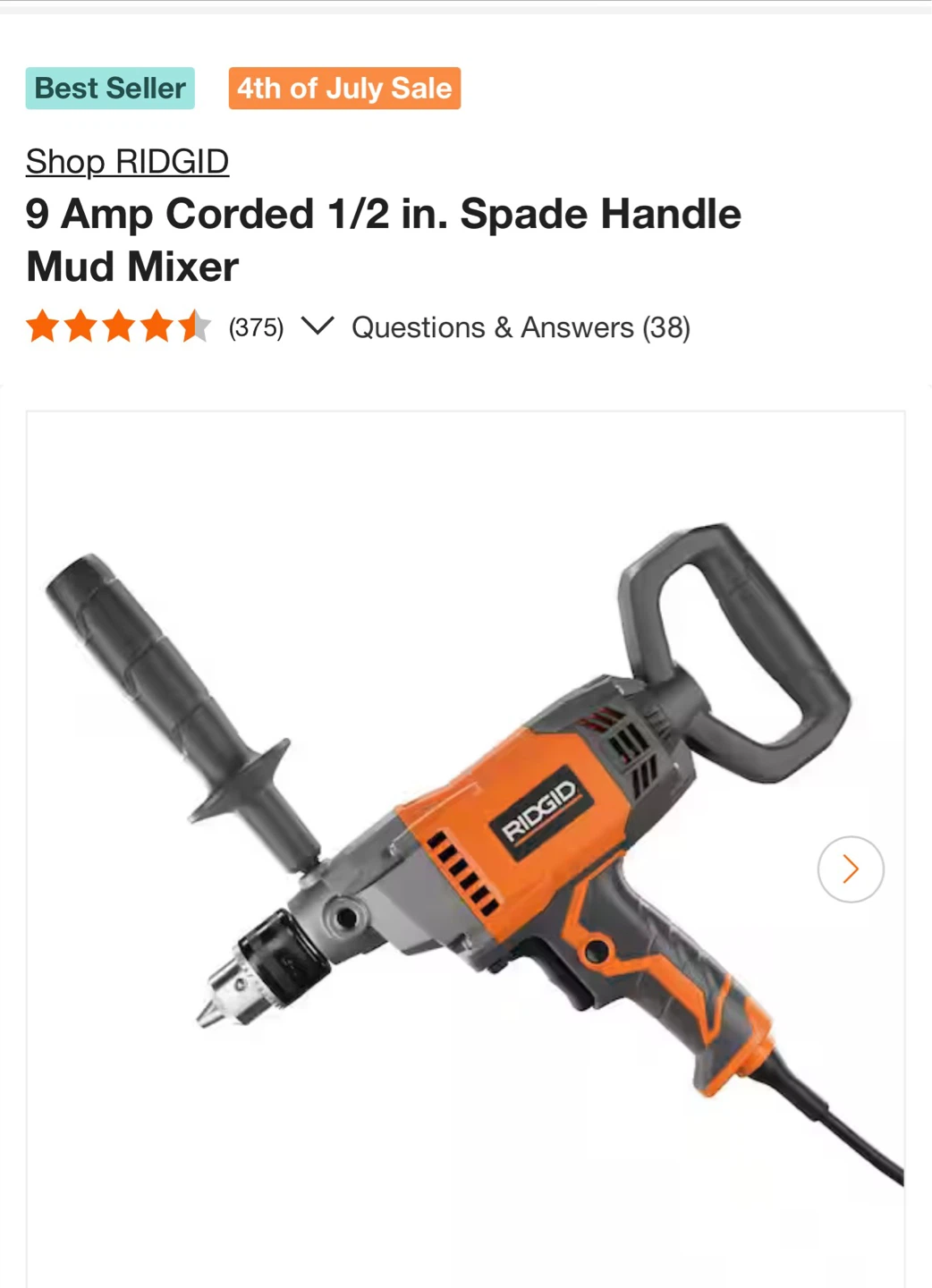 RIDGID 9 Amp Corded 1/2 in. Spade Handle Mud Mixer