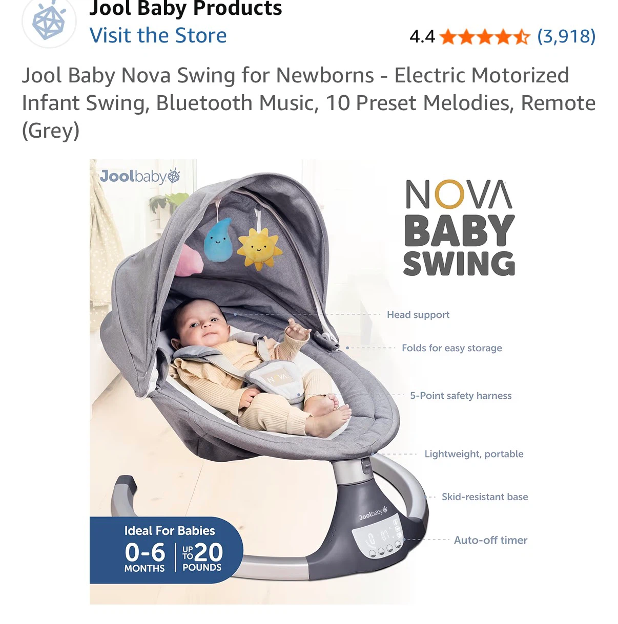 Jool Baby Nova Electric Motorized Infant Swing (Grey) - photo 4