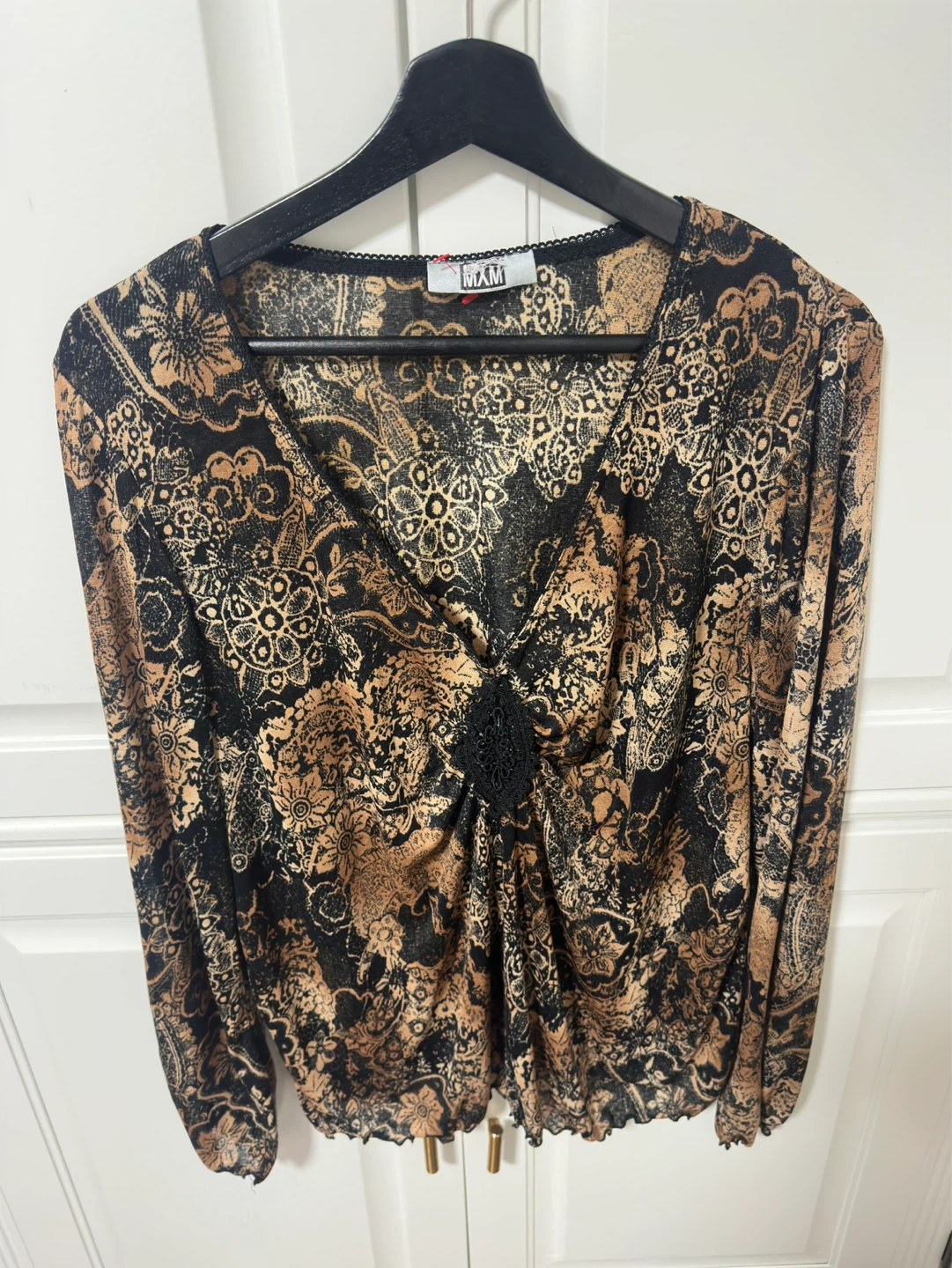 vintage Black and Tan Floral Print Blouse