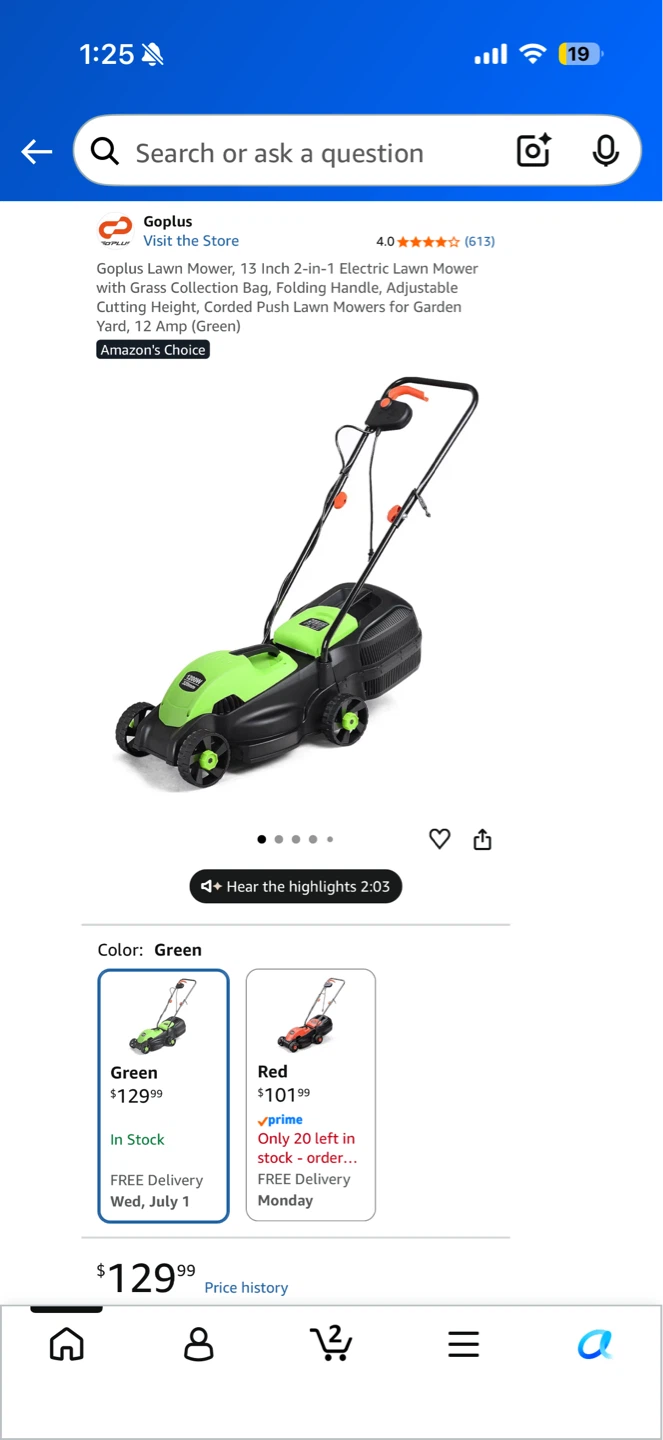 Goplus 13 Inch Electric Lawn Mower - Green - photo 2