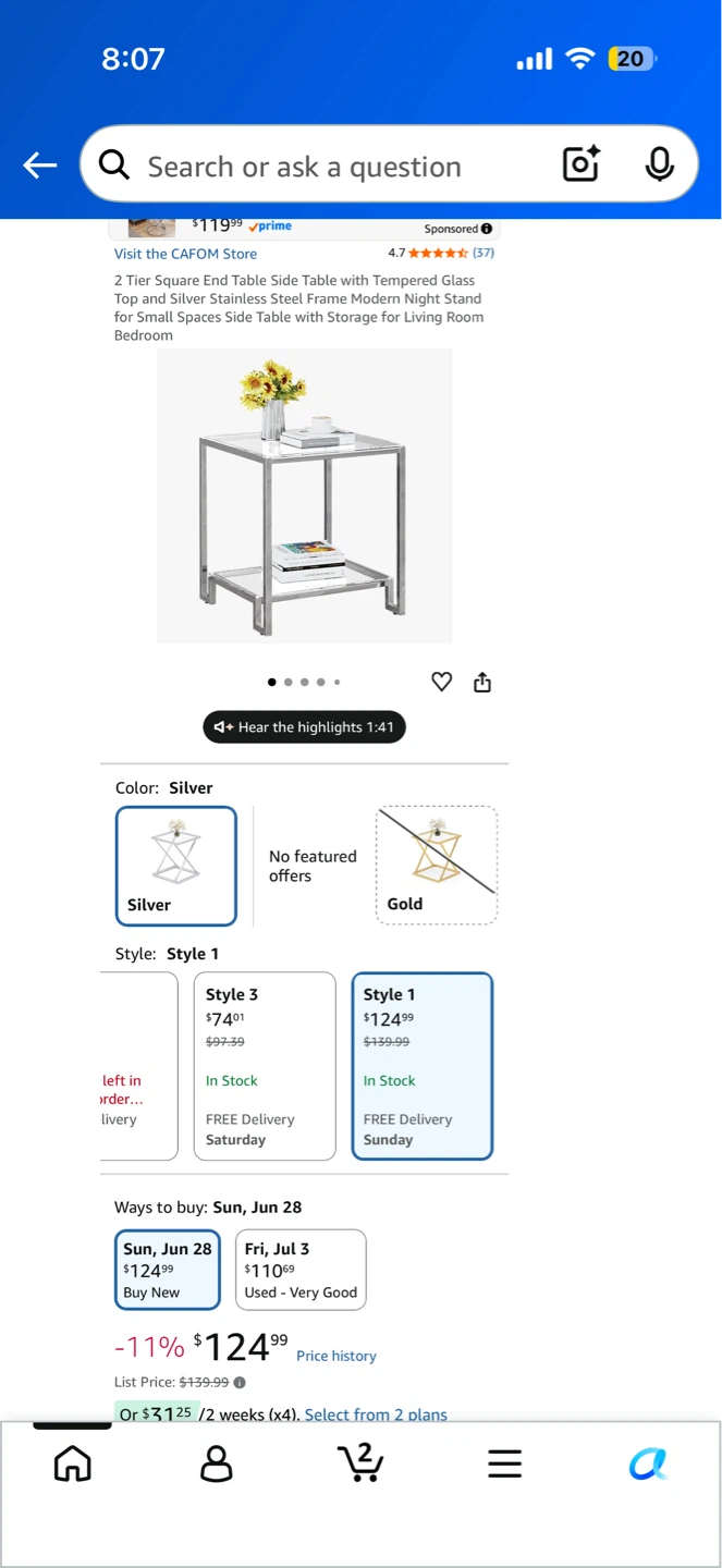 2 Tier Square End Table - Silver