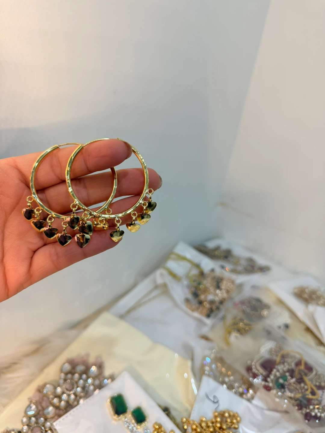Gold Hoop Earrings with Heart Charms - photo 2