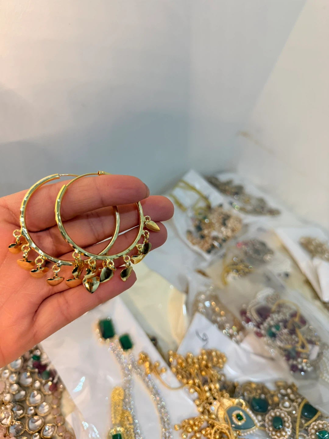 Gold Hoop Earrings with Heart Charms - photo 3