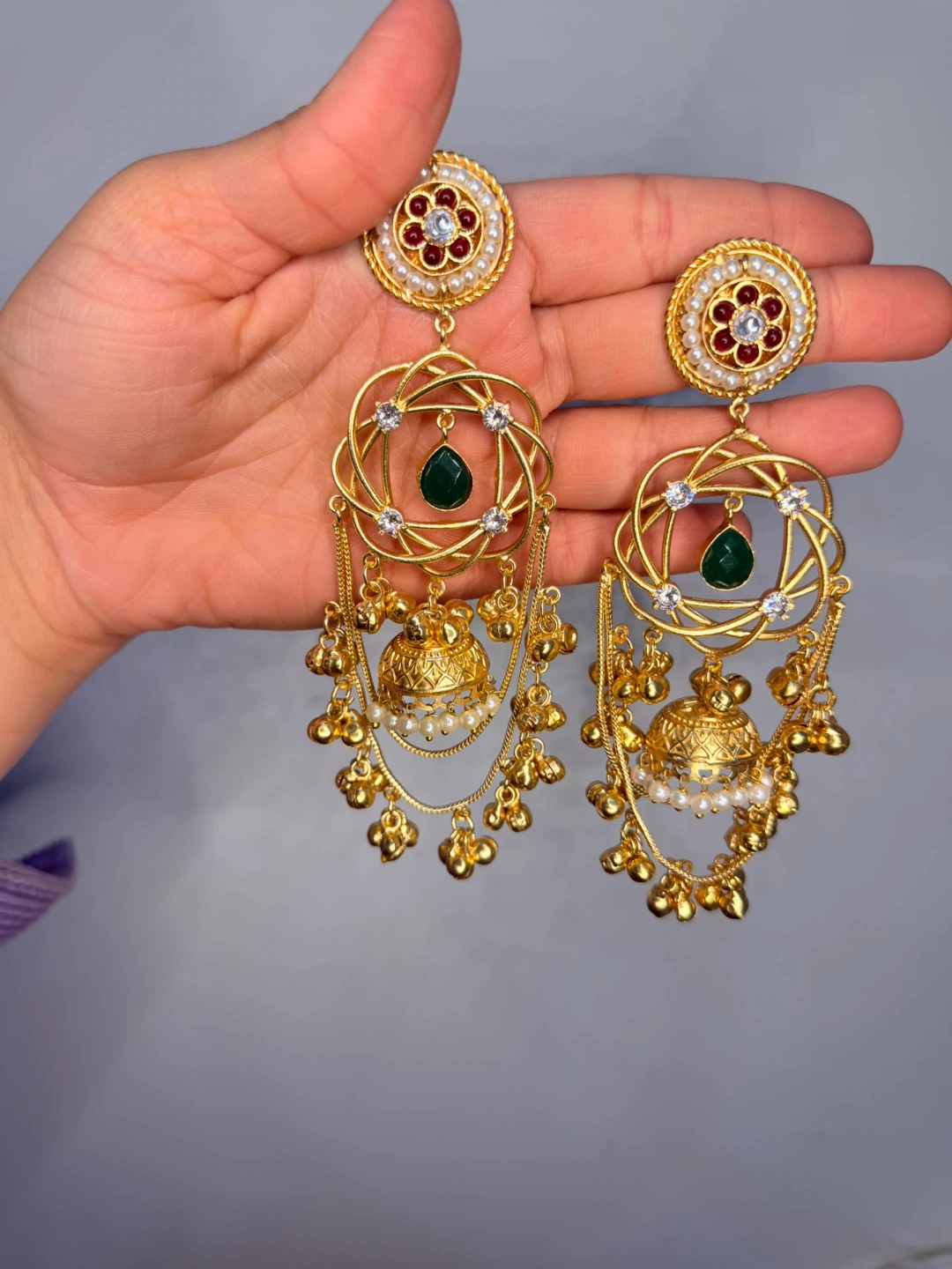 Gold-tone Jhumka Earrings with Green Gemstones and Pearls - photo 2