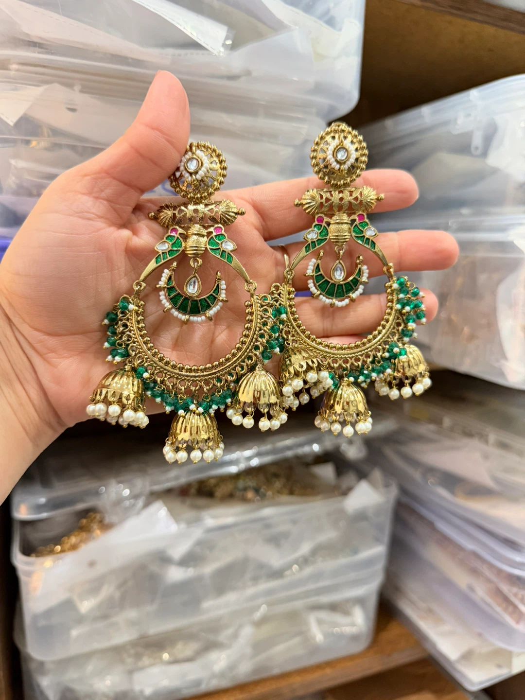 Large Gold Dangle Earrings with Green Beads and Pearls