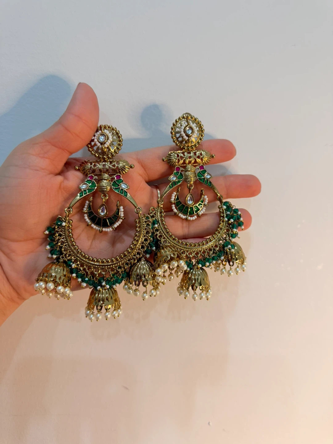 Large Gold Dangle Earrings with Green Beads and Pearls - photo 2