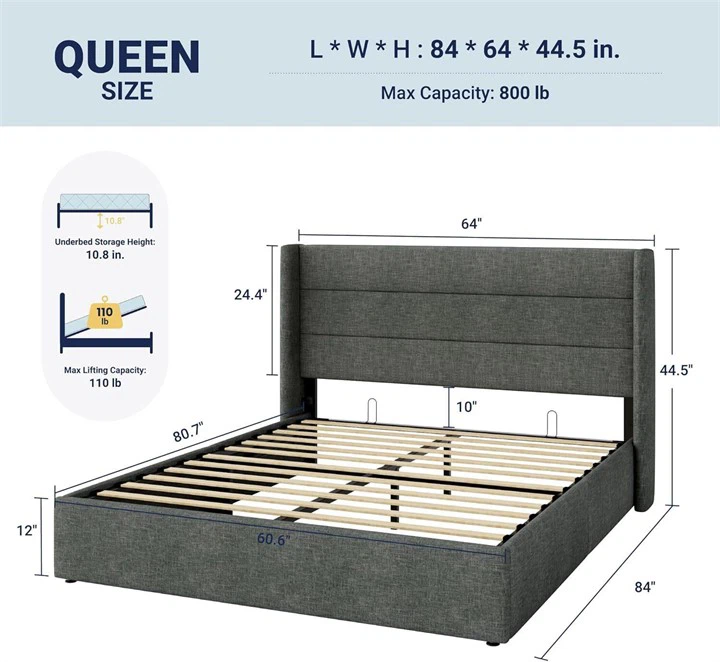 Queen Size Upholstered Platform Bed Frame with Storage