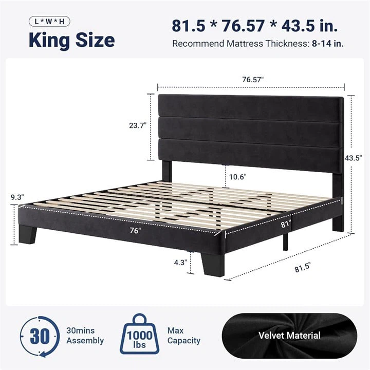 Black Velvet King Size Bed Frame with Headboard