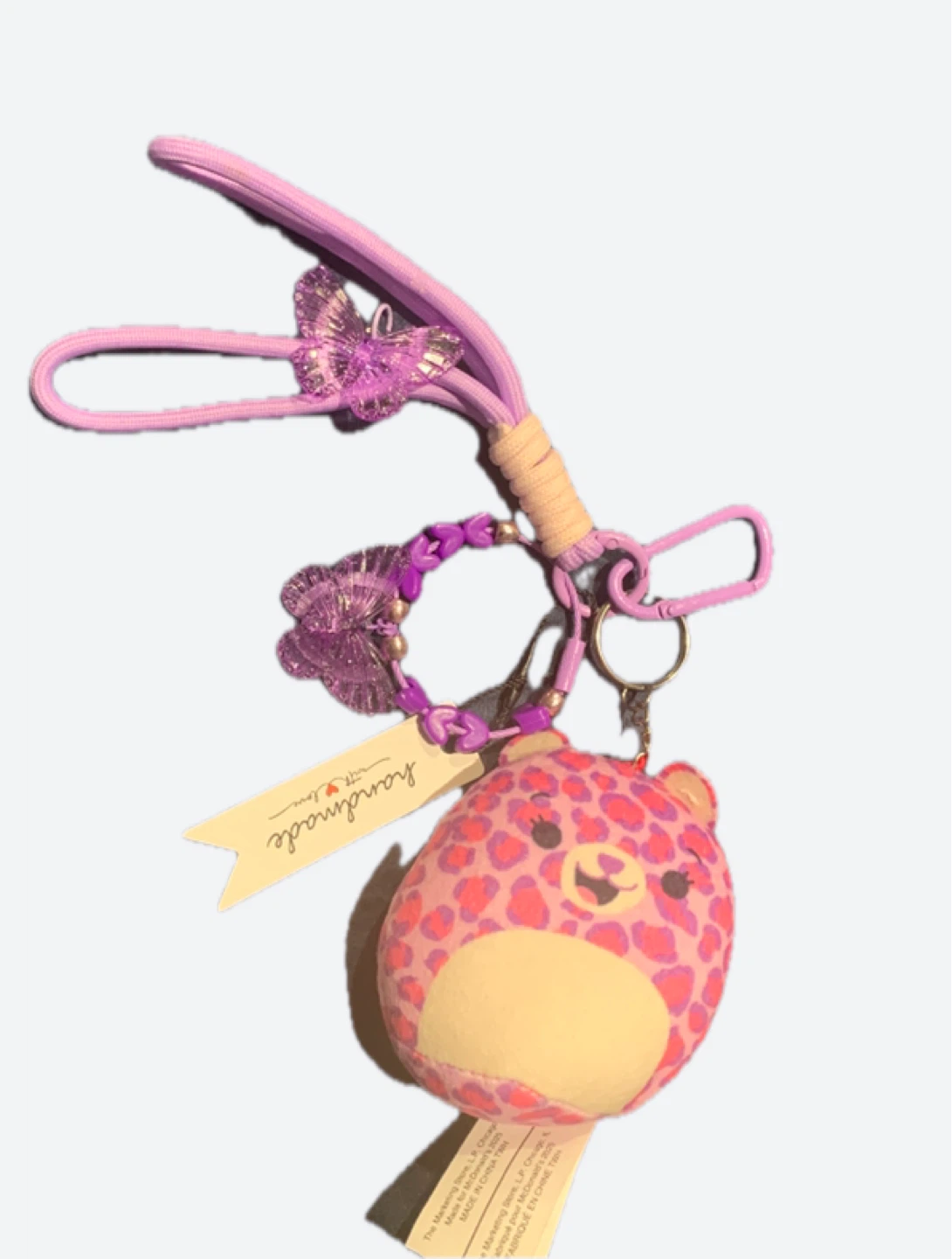 Pink Leopard Squish Mallow Plush Keychain with Butterfly Charm