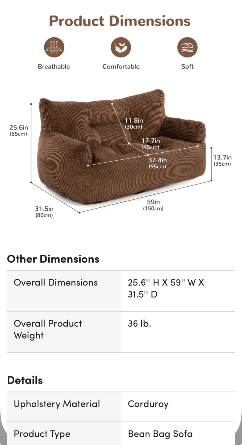 Colman 59" Wide Corduroy Bean Bag Sofa - photo 2