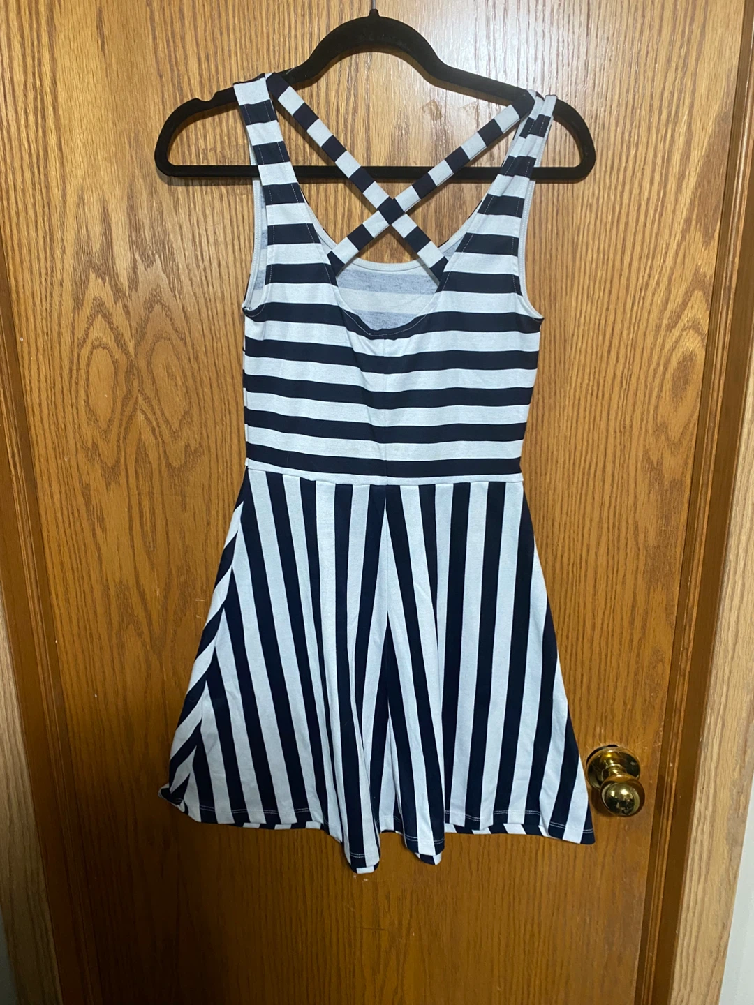 Striped Crisscross Fit & Flare Dress in navy blue and White - photo 4