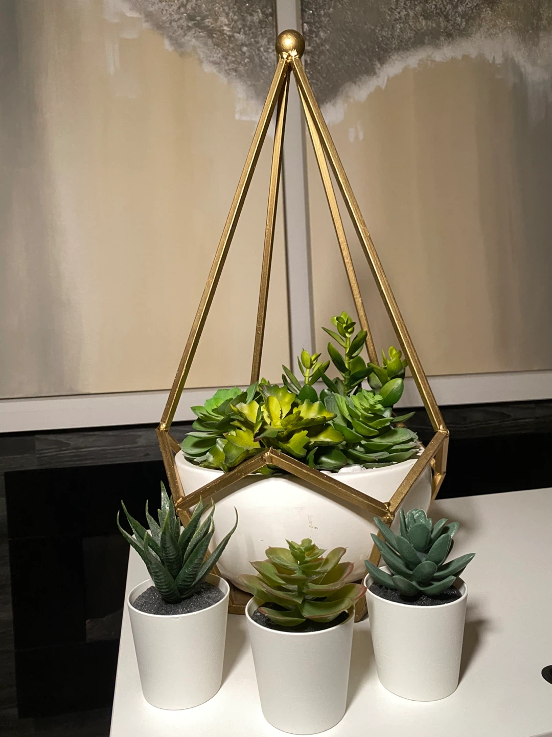 4pcs Lrg Gold Plant Hanger Geometric Faux Succulents Ceramic Pot