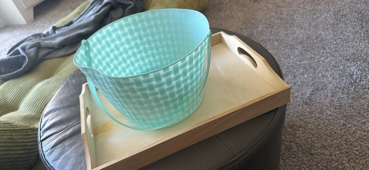 Teal Woven Basket and Wood Serving Tray