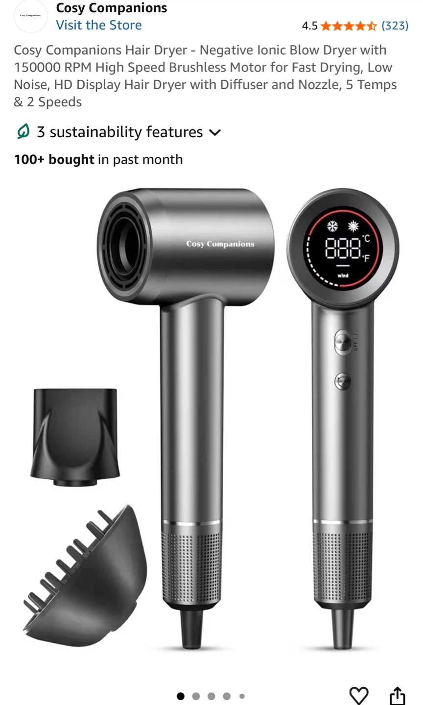 Brand new. Cosy Companions Negative Ionic Hair Dryer - Dark Gray