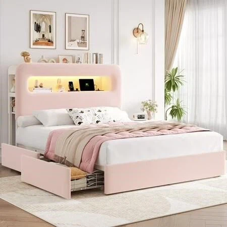 Pink Bed Frame with Built-in Headboard Storage and Drawers