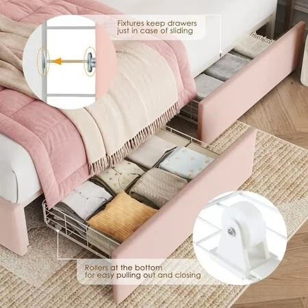 Pink Bed Frame with Built-in Headboard Storage and Drawers - photo 2