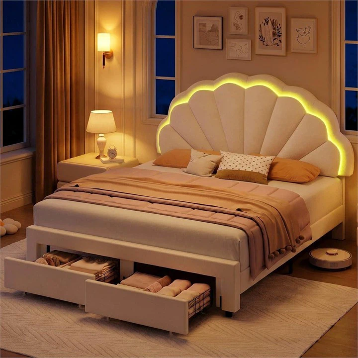 Full Size White Velvet Shell Headboard Bed Frame with LED