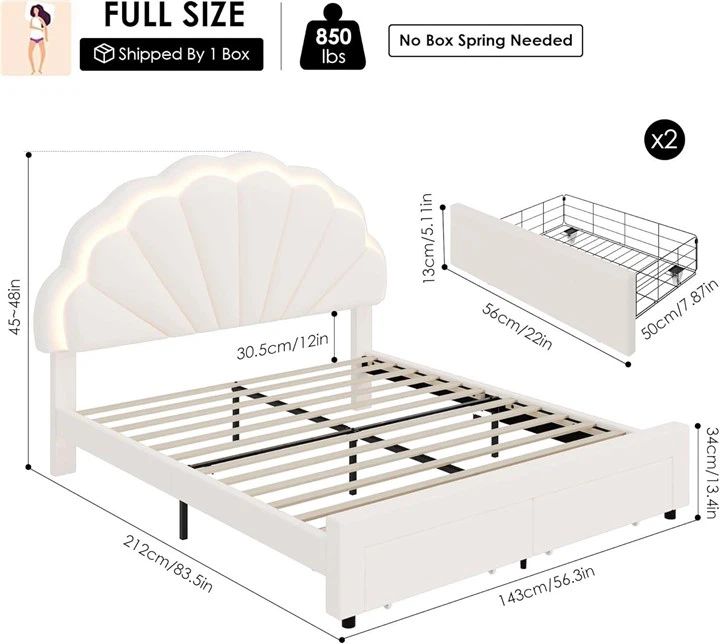Full Size White Velvet Shell Headboard Bed Frame with LED - photo 2