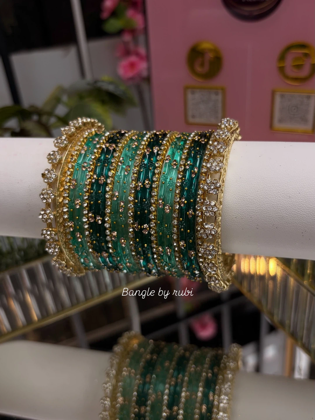 Bangle by Rubi Green & Gold Crystal Bangles