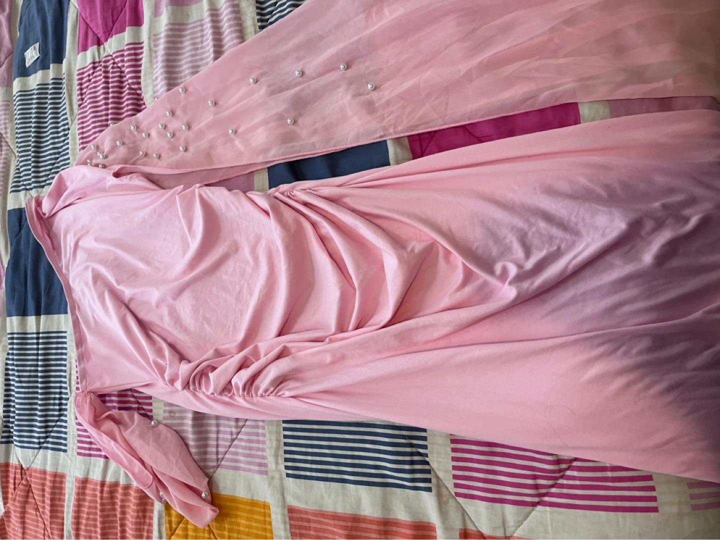 Pink Ruched Dress with Pearl Accents