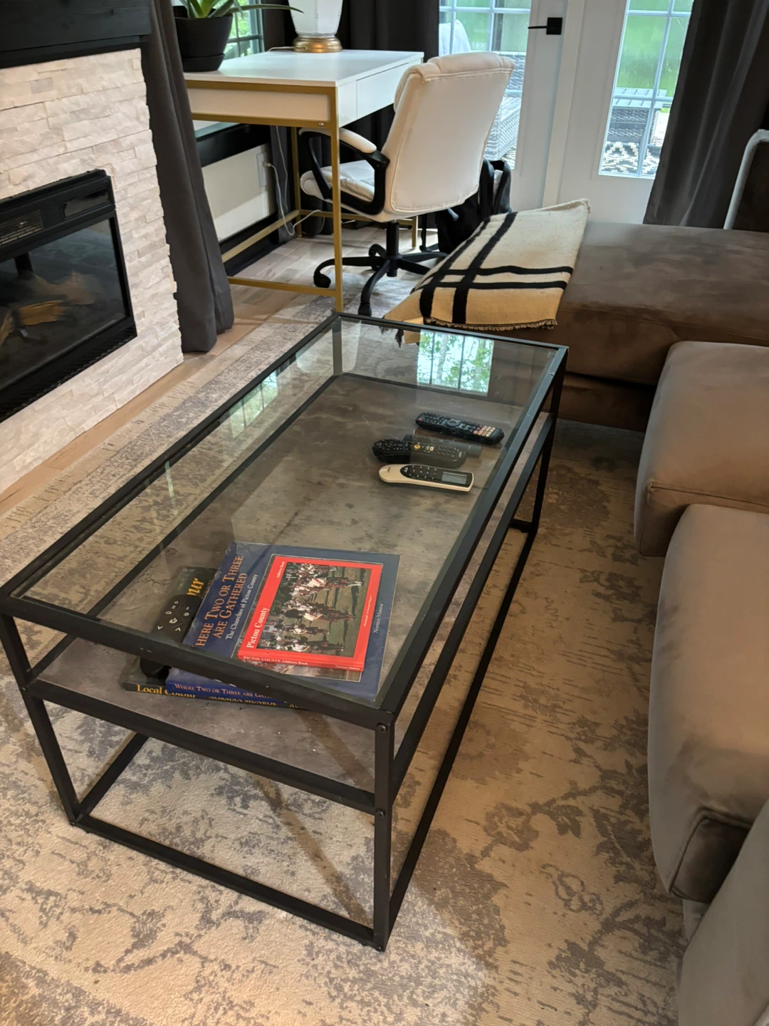 Glass Top Coffee Table and two end tableswith Black Metal Frame