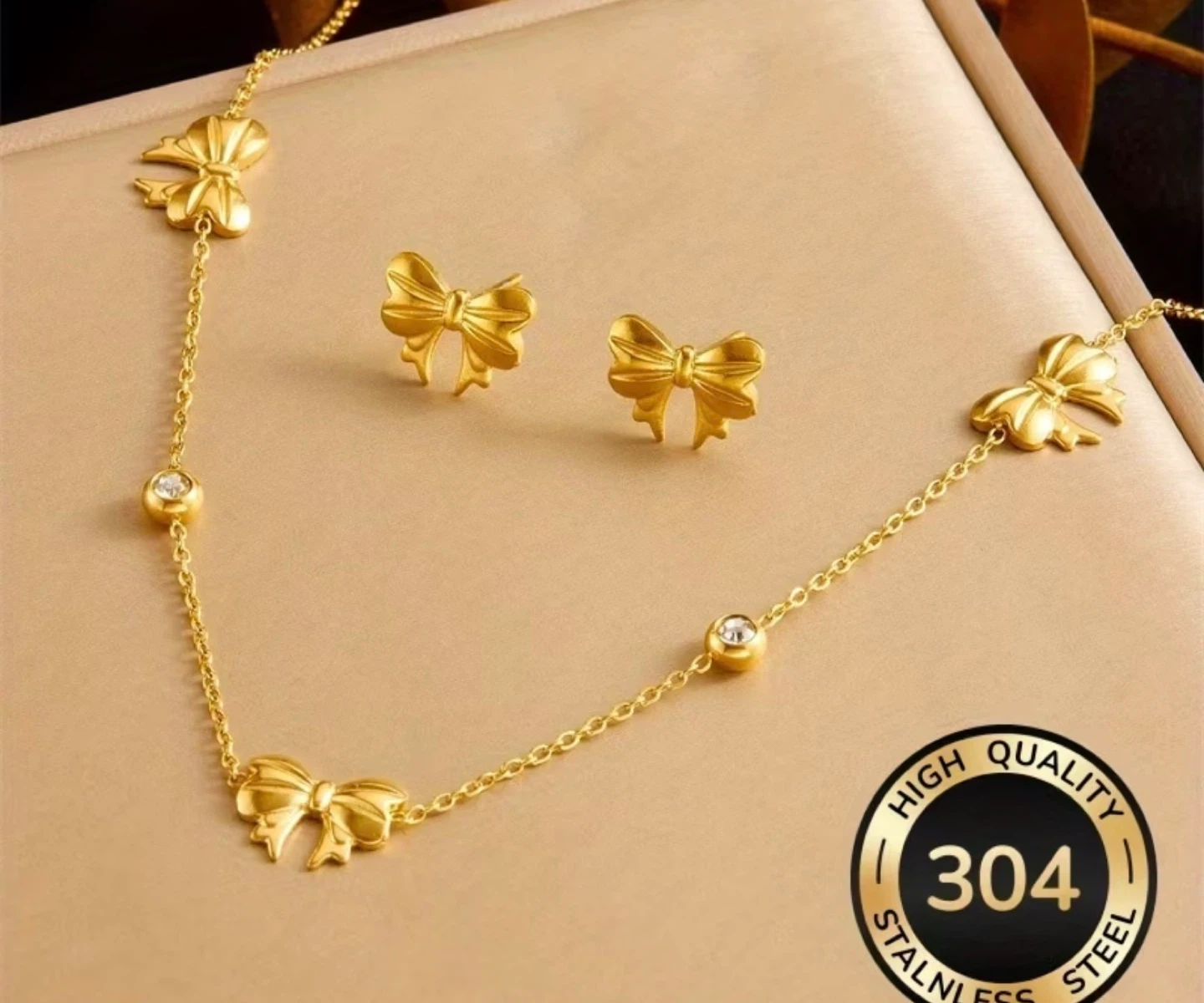 Gold Bow Necklace and Earrings Set non tarnish