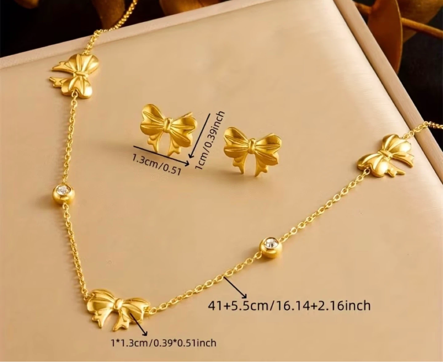 Gold Bow Necklace and Earrings Set non tarnish - photo 2