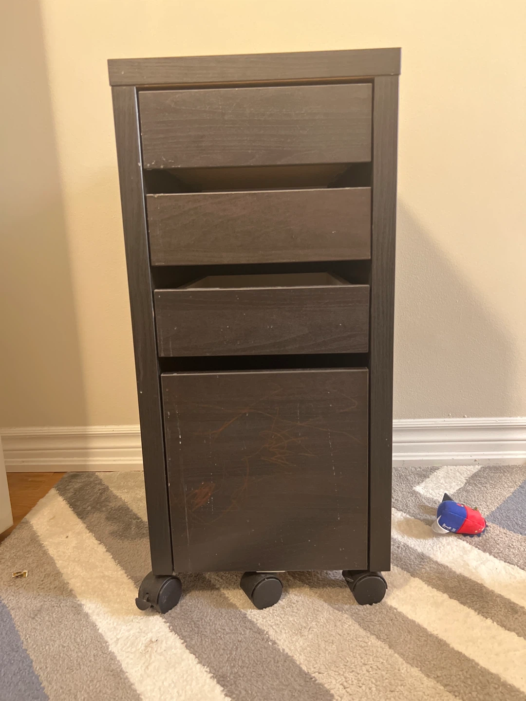 As is- Dark Brown 4-Drawer Rolling Filing Cabinet