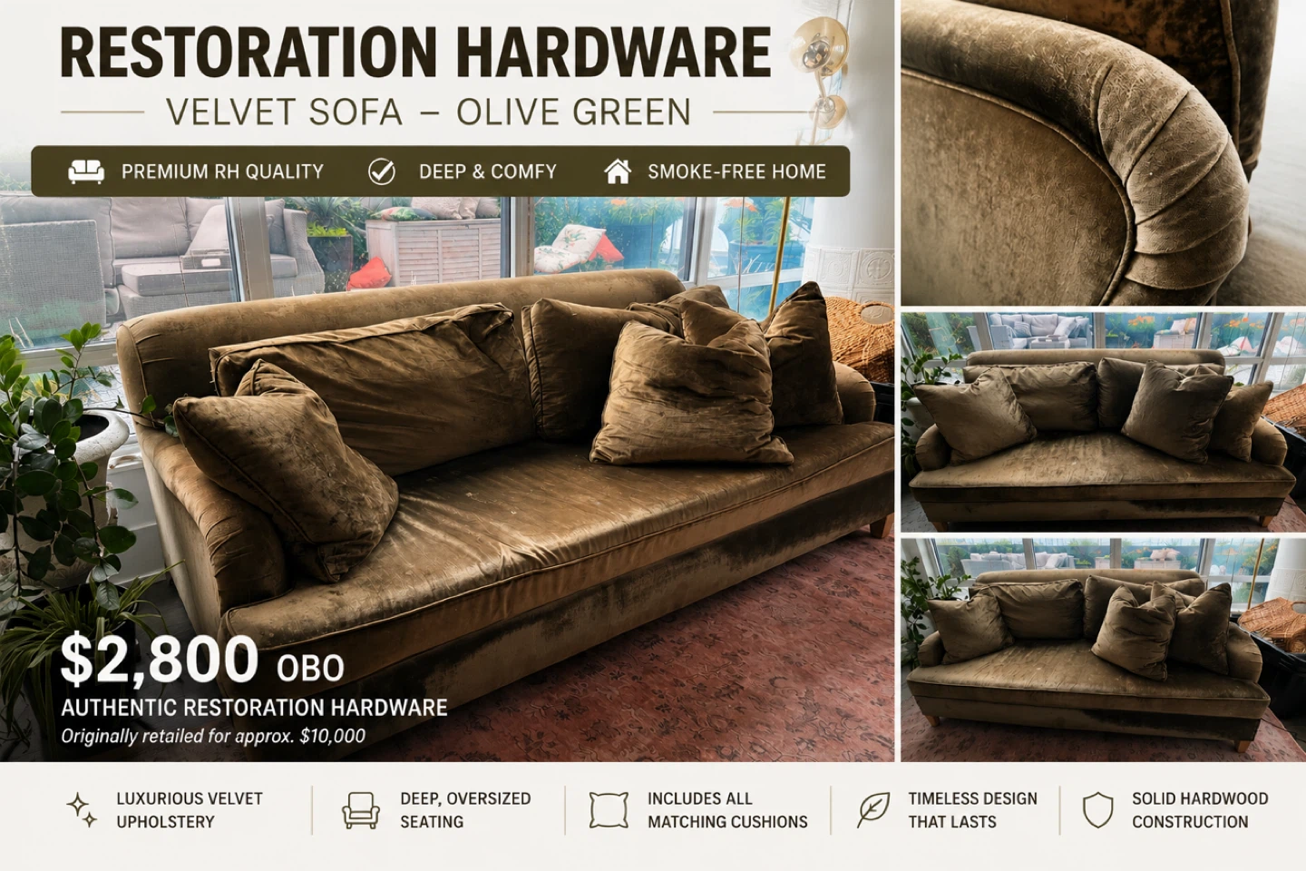 Restoration Hardware Belgian Track Arm Velvet Sofa – Olive