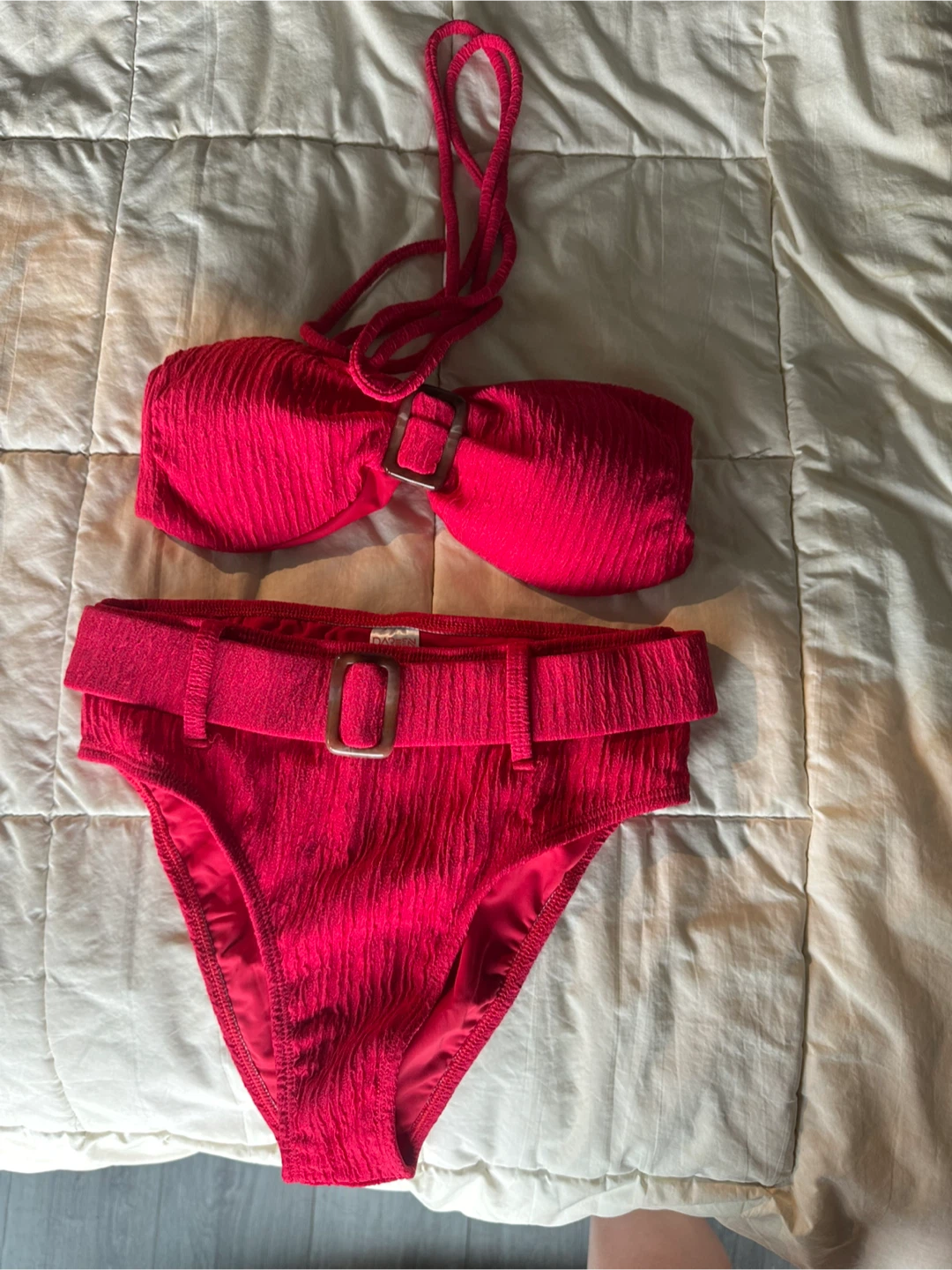 Red Bandeau Bikini Set with Gold Buckle Detail - photo 3