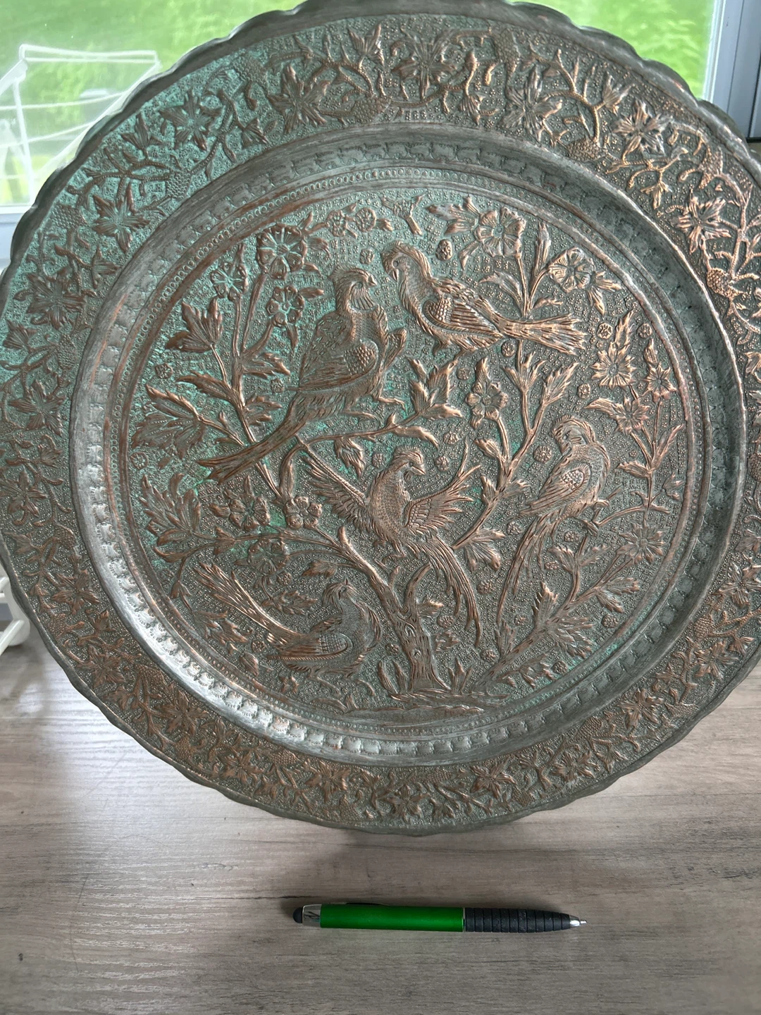 Vintage Embossed Persian Copper Plate with Birds and Flowers