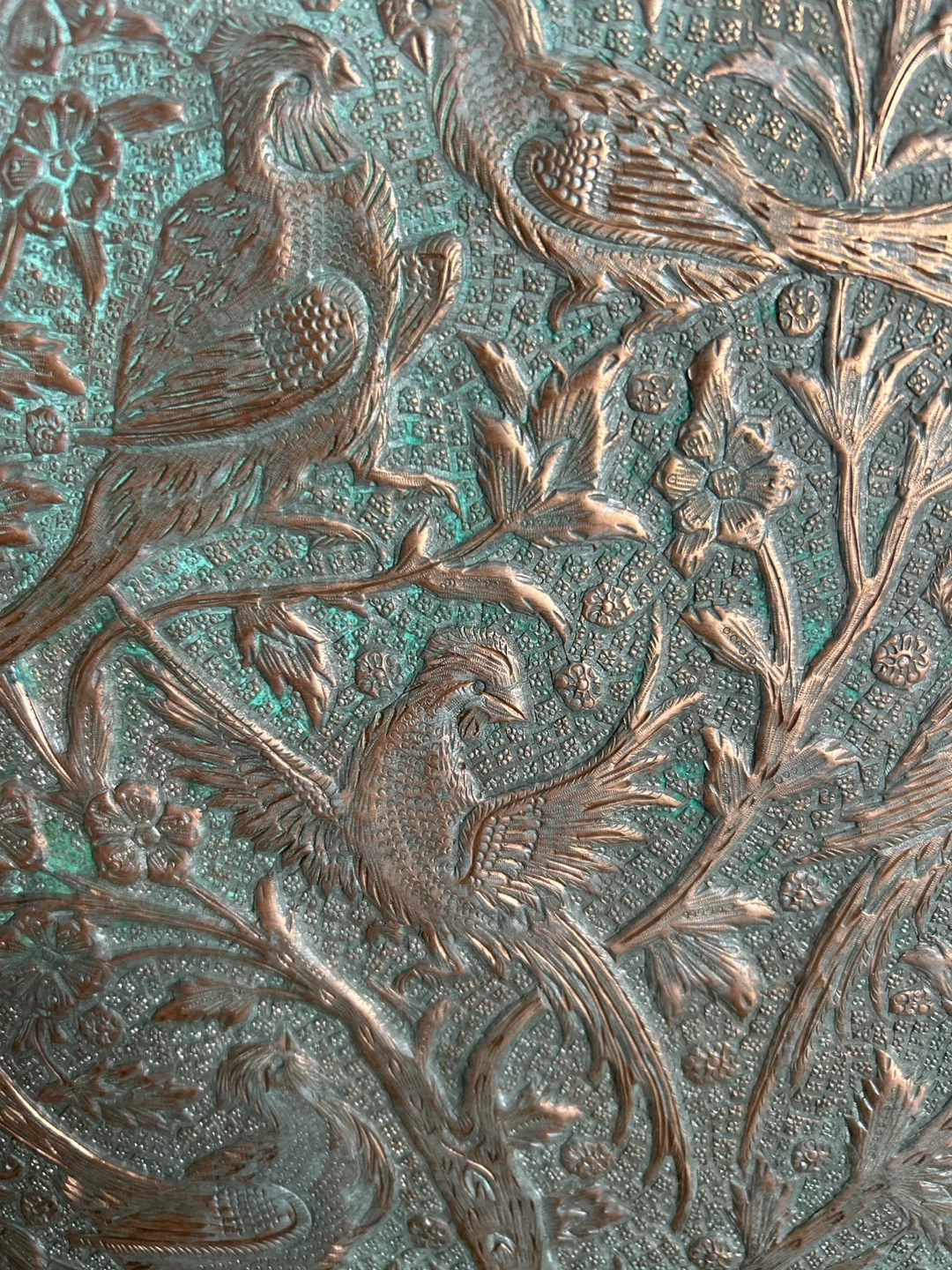 Vintage Embossed Persian Copper Plate with Birds and Flowers - photo 2