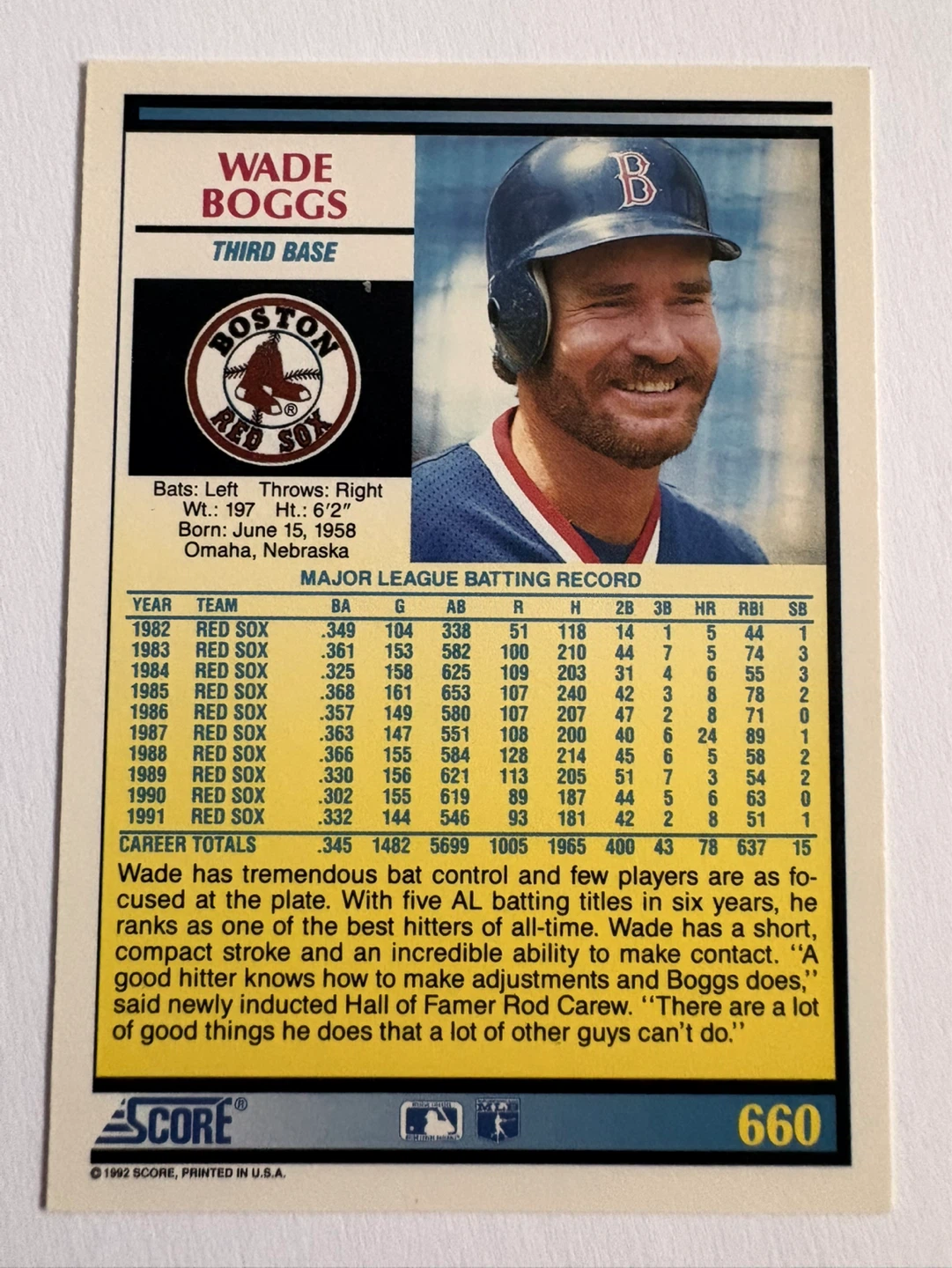 1992 Score Baseball Card - Wade Boggs #660 - photo 2