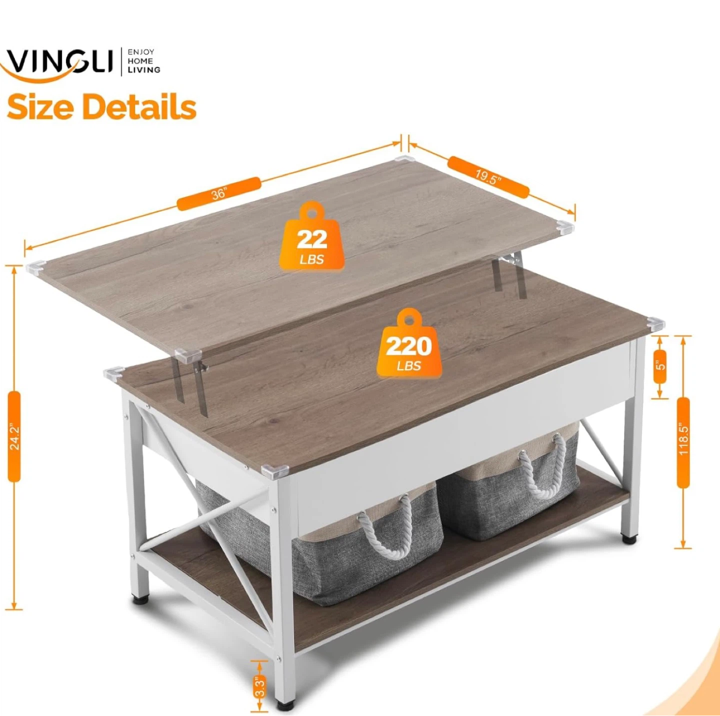 VINGLI Lift Top Coffee Table with Storage - photo 2