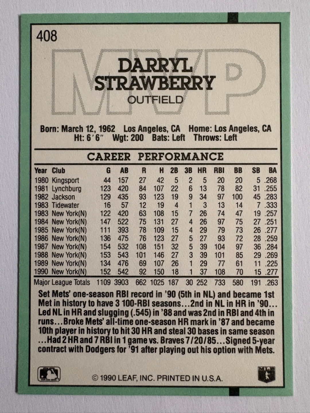 1990 Leaf Darryl Strawberry Baseball Card - photo 2