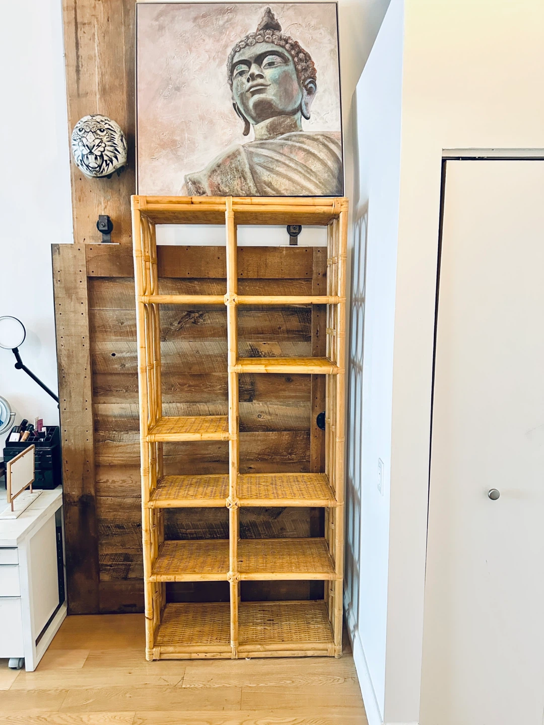 AUTHENTIC VINTAGE BOHO CHIC BAMBOO RATTAN ETAGERE DISPLAY SHELF