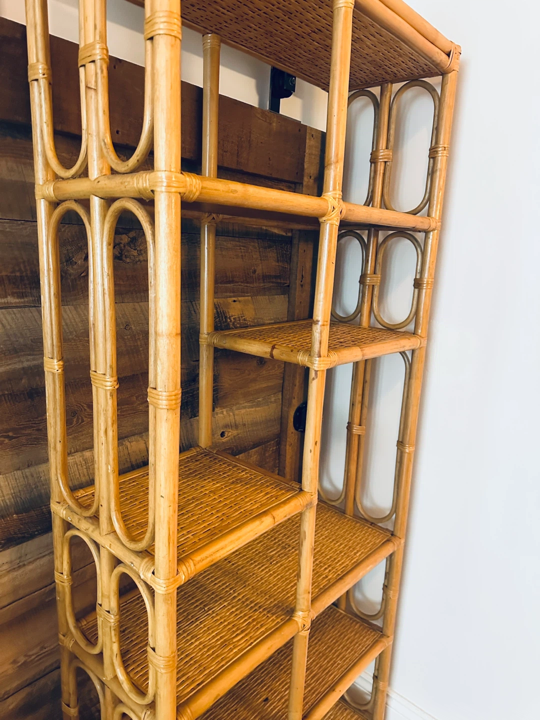 AUTHENTIC VINTAGE BOHO CHIC BAMBOO RATTAN ETAGERE DISPLAY SHELF - photo 3