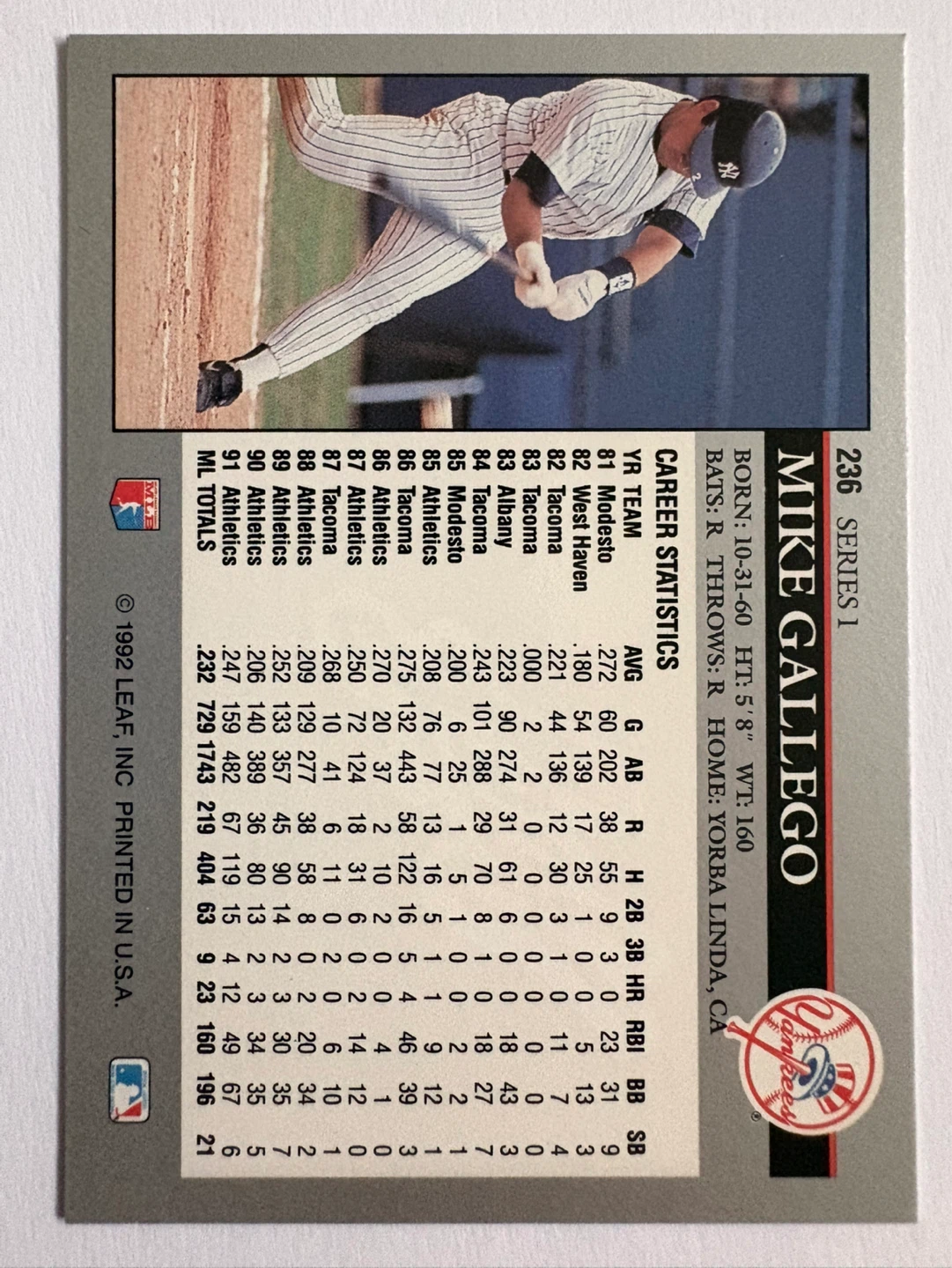 1992 Leaf Series 1 Mike Gallego Baseball Card - photo 2