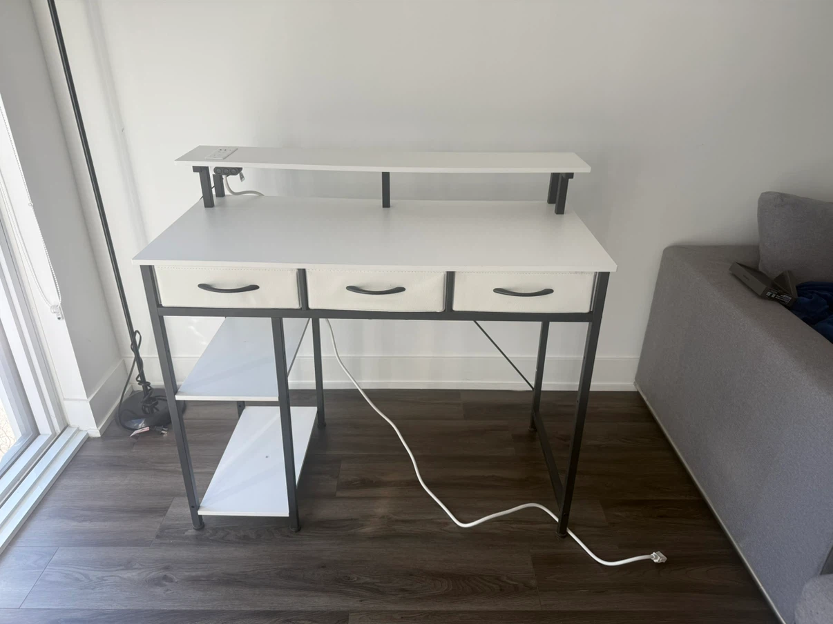 White Standing Desk with Built-in Power and Shelves