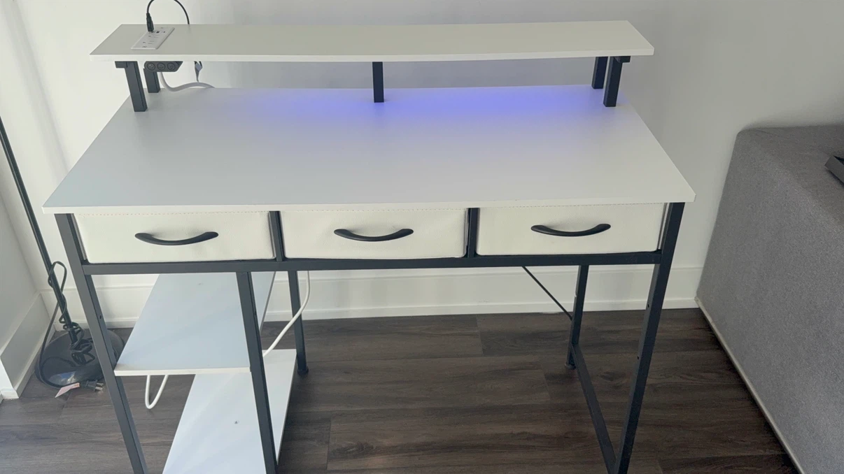 White Standing Desk with Built-in Power and Shelves - photo 2