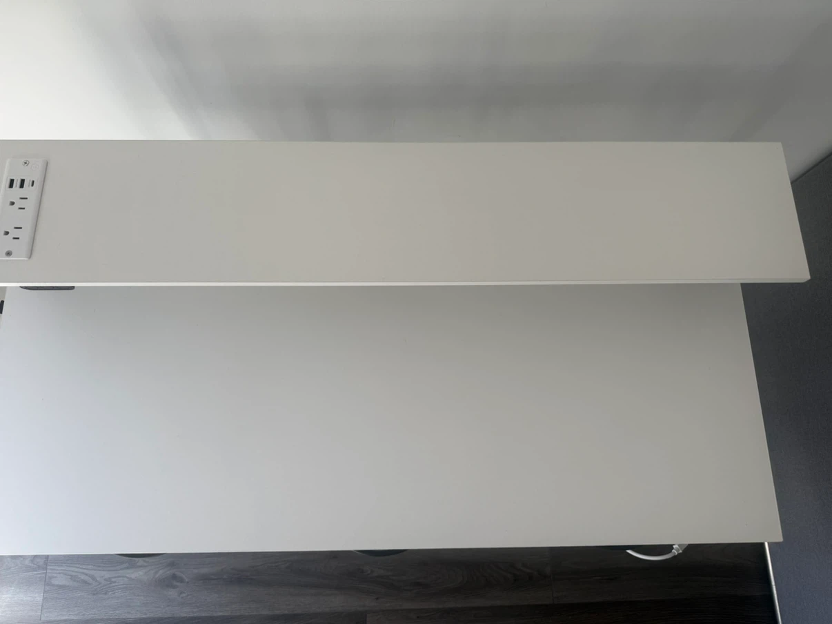 White Standing Desk with Built-in Power and Shelves - photo 3
