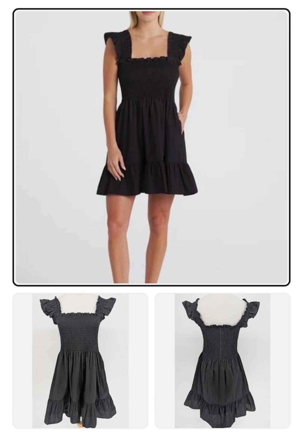 Black Smocked Square Neck Dress