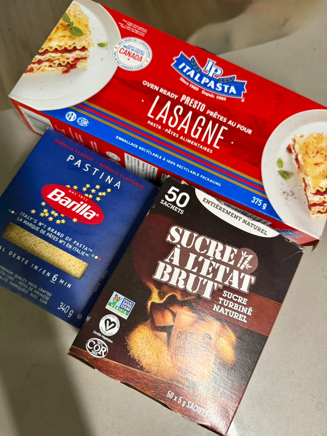 ItalPasta Lasagne, Barilla Pastina, and Raw Sugar Sachets