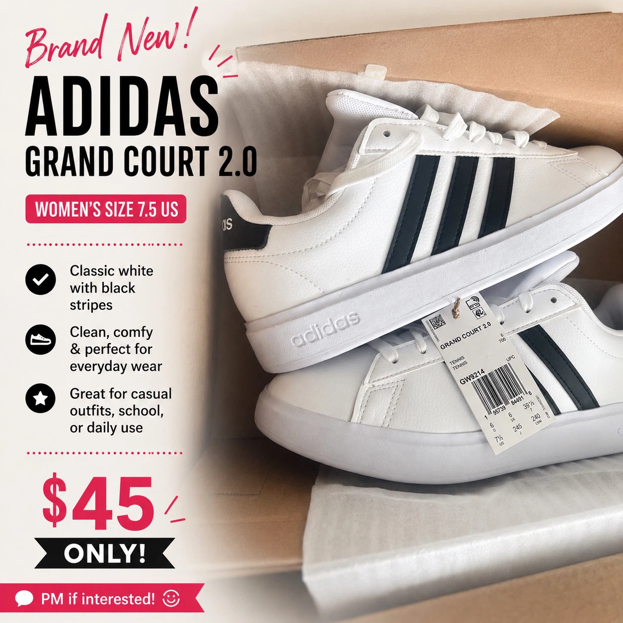 Adidas Grand Court 2.0 Women's Size 7.5 US White Sneakers