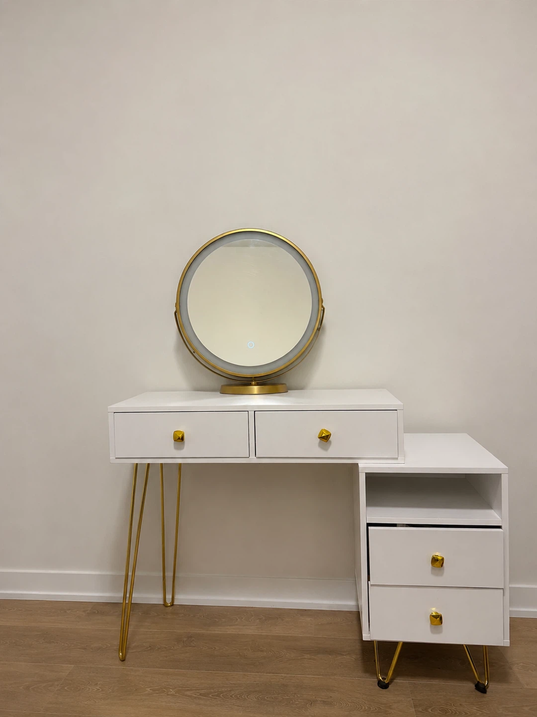 White Vanity Desk with Gold Accents and Mirror