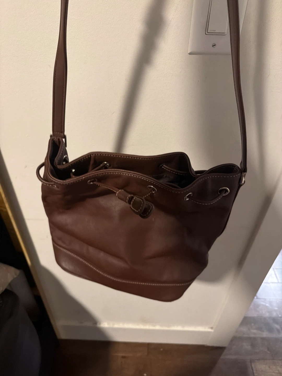 Brown Faux Leather Drawstring Bucket Bag - photo 2
