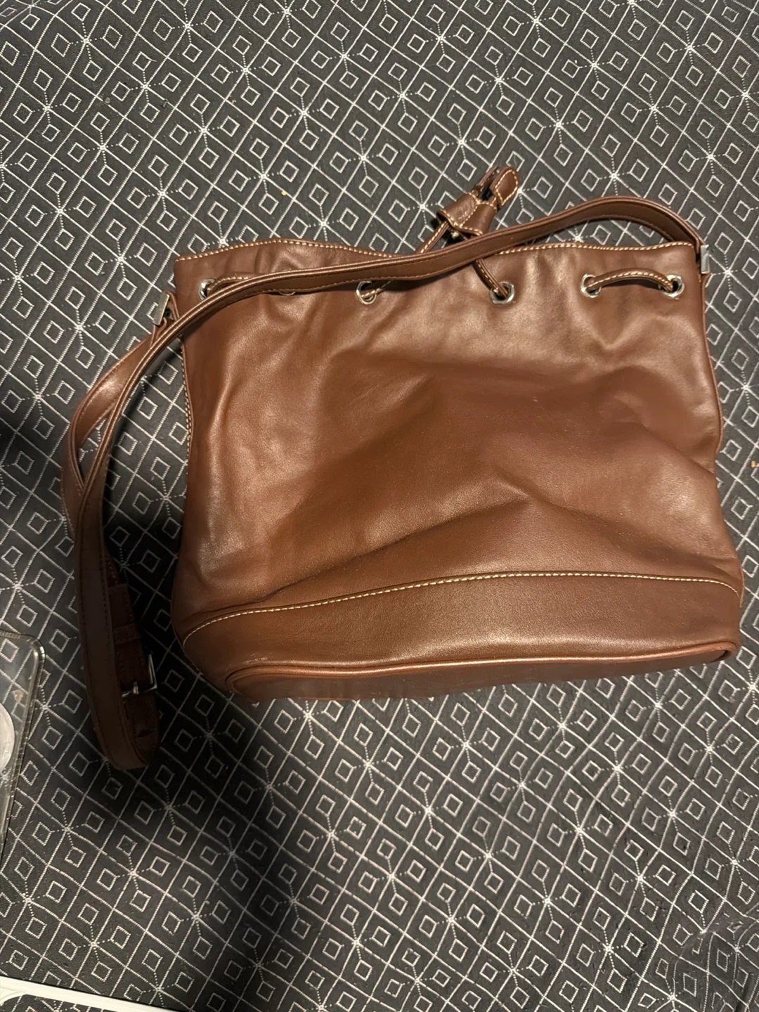 Brown Faux Leather Drawstring Bucket Bag