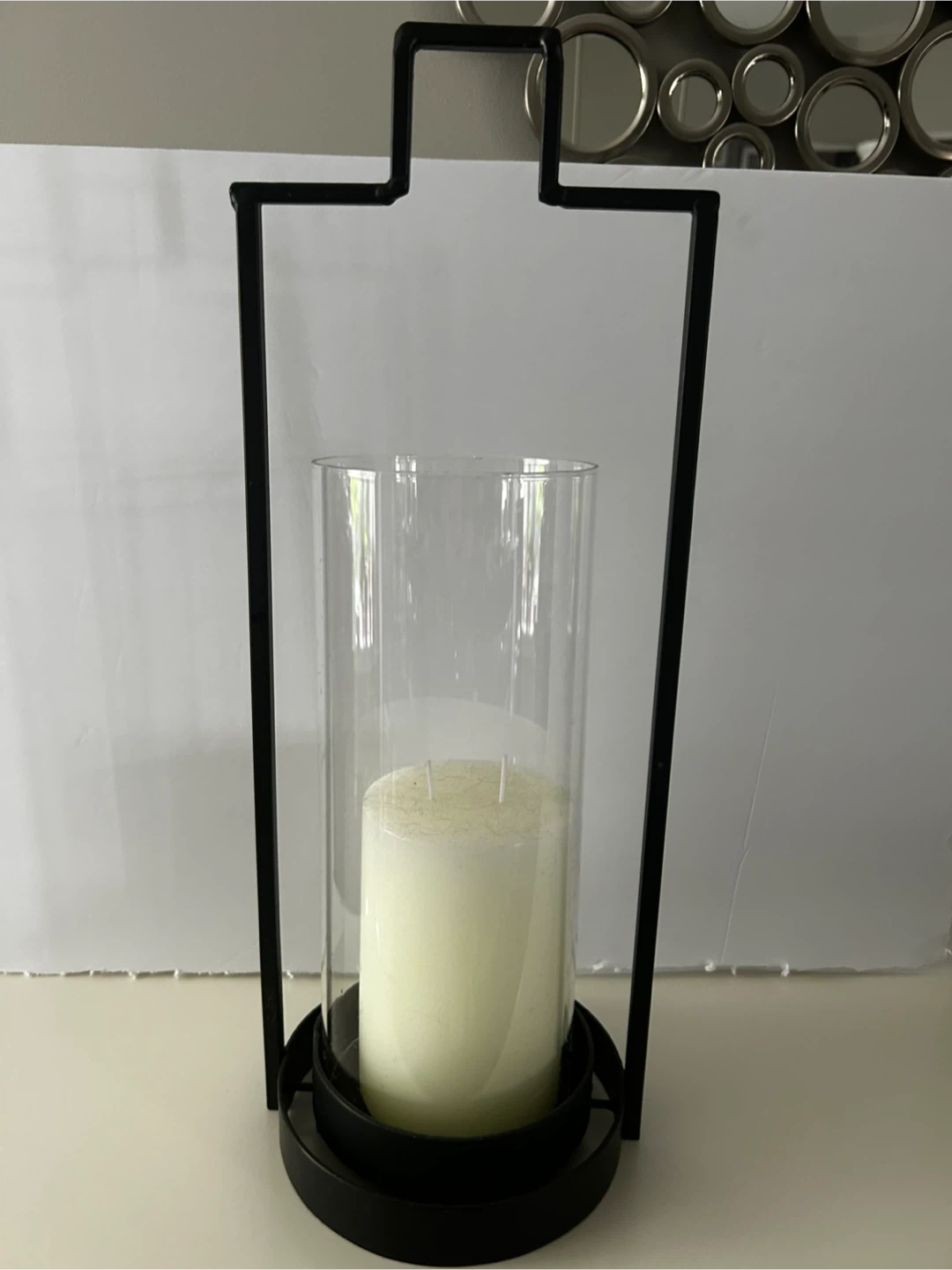 Black Metal Lantern with Glass Hurricane and White Pillar Candle